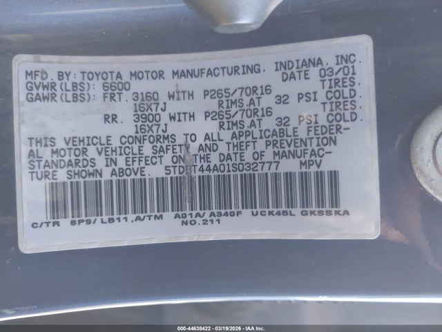 2001 Toyota Sequoia Sr5 V8 მანქანა იყიდება აუქციონზე, vin: 5TDBT44A01S032777, აუქციონის ნომერი: 44638422
