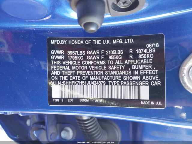 Продаж на аукціоні авто 2018 Honda Civic Ex, vin: SHHFK7H51JU424379, номер лоту: 44638437
