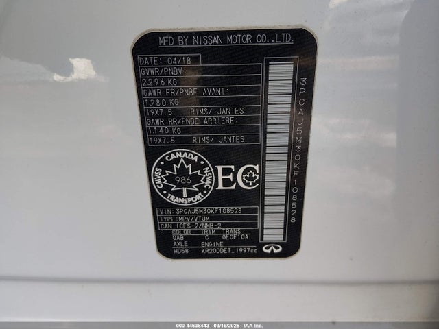 44638443 :رقم المزاد ، 3PCAJ5M30KF108528 vin ، 2019 Infiniti Qx50 Essential/luxe/pure مزاد بيع