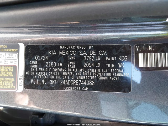 Продаж на аукціоні авто 2024 Kia Forte Lxs, vin: 3KPF24AD0RE744988, номер лоту: 44638461