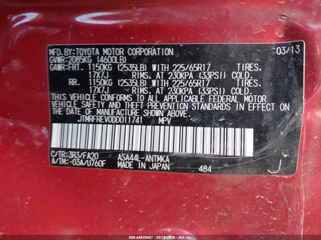 Продажа на аукционе авто 2013 Toyota Rav4 Xle, vin: JTMRFREV0DD011741, номер лота: 44638467
