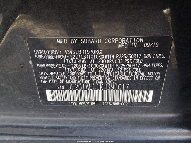 44638493 :رقم المزاد ، JF2GTAEC1KH391017 vin ، 2019 Subaru Crosstrek 2.0i Premium مزاد بيع