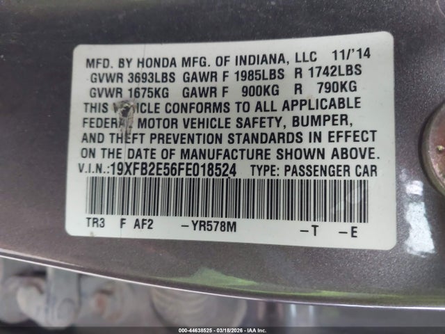 44638525 :رقم المزاد ، 19XFB2E56FE018524 vin ، 2015 Honda Civic Lx مزاد بيع