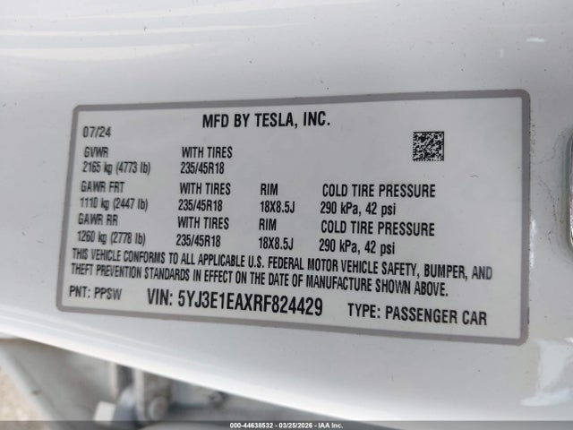 44638532 :رقم المزاد ، 5YJ3E1EAXRF824429 vin ، 2024 Tesla Model 3 مزاد بيع