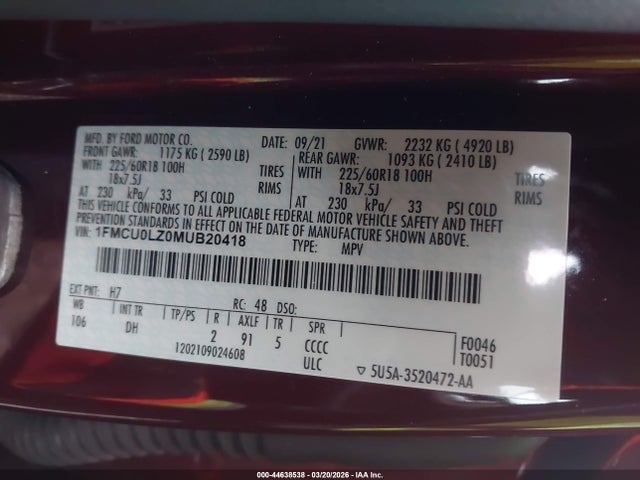 Aukcja sprzedaży 2021 Ford Escape Titanium Plug-in Hybrid, vin: 1FMCU0LZ0MUB20418, numer aukcji: 44638538