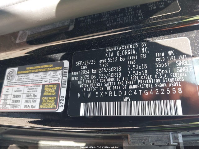 2026 Kia Sorento S მანქანა იყიდება აუქციონზე, vin: 5XYRLDJC4TG422558, აუქციონის ნომერი: 44638561