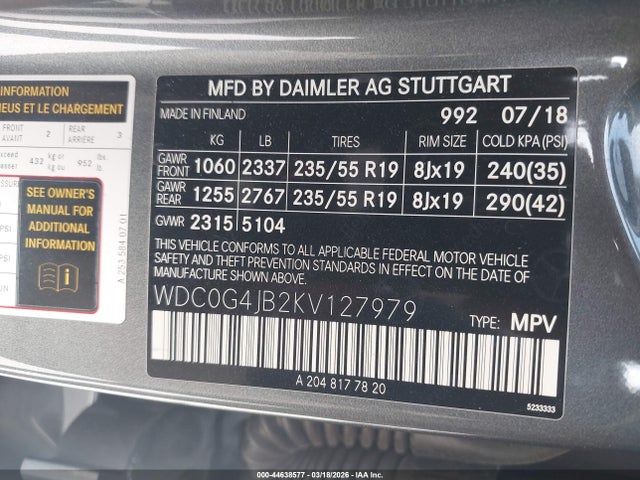 2019 Mercedes-benz Glc 300 მანქანა იყიდება აუქციონზე, vin: WDC0G4JB2KV127979, აუქციონის ნომერი: 44638577