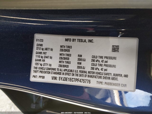 Aukcja sprzedaży 2023 Tesla Model 3 Performance Dual Motor All-wheel Drive, vin: 5YJ3E1EC7PF475776, numer aukcji: 44638581