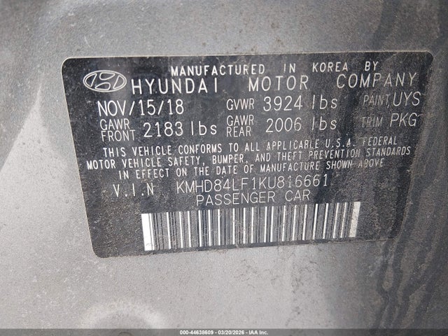 Продаж на аукціоні авто 2019 Hyundai Elantra Value Edition, vin: KMHD84LF1KU816661, номер лоту: 44638609