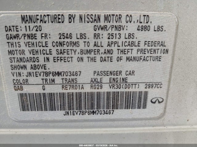 44638637 :رقم المزاد ، JN1EV7BP6MM703467 vin ، 2021 Infiniti Q50 Luxe مزاد بيع