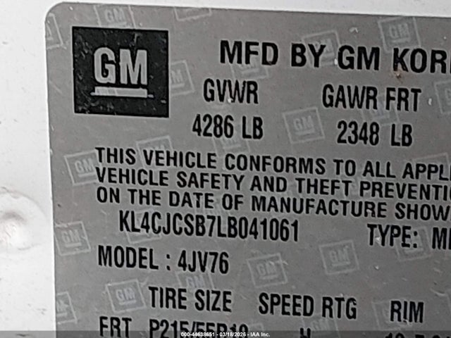 2020 Buick Encore Fwd Essence მანქანა იყიდება აუქციონზე, vin: KL4CJCSB7LB041061, აუქციონის ნომერი: 44638651