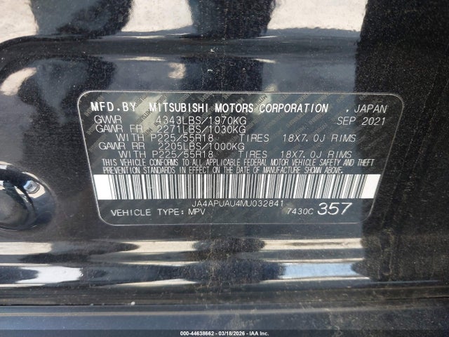 Aukcja sprzedaży 2021 Mitsubishi Outlander Sport 2.0 Be 2wd/2.0 Es 2wd/2.0 Le 2wd/2.0 S 2wd, vin: JA4APUAU4MU032841, numer aukcji: 44638662