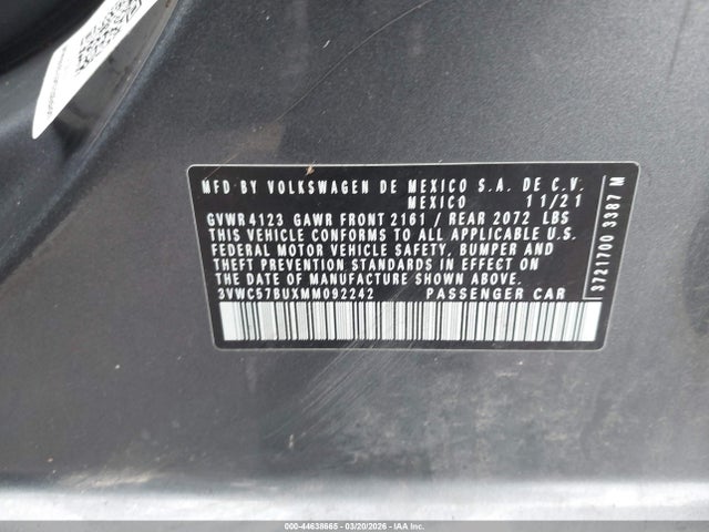 Aukcja sprzedaży 2021 Volkswagen Jetta 1.4t R-line/1.4t S/1.4t Se, vin: 3VWC57BUXMM092242, numer aukcji: 44638665