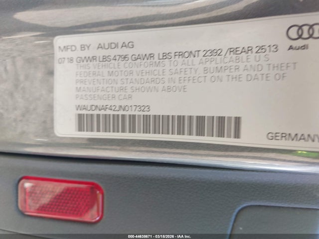 Aukcja sprzedaży 2018 Audi A4 2.0t Premium/2.0t Tech Premium, vin: WAUDNAF42JN017323, numer aukcji: 44638671