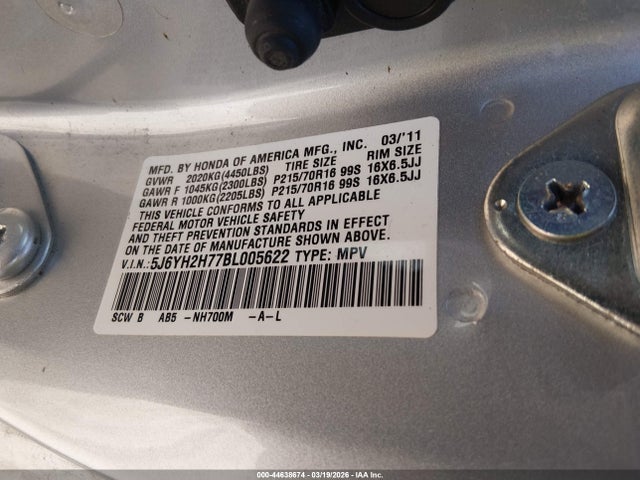 44638674 :رقم المزاد ، 5J6YH2H77BL005622 vin ، 2011 Honda Element Ex مزاد بيع