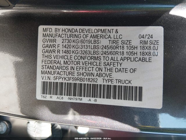 5FPYK3F59RB018262 Honda Ridgeline Rtl