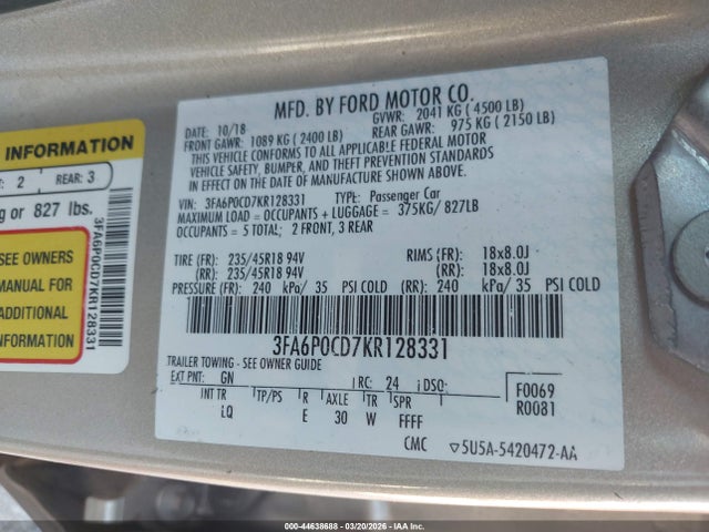 2019 Ford Fusion Sel მანქანა იყიდება აუქციონზე, vin: 3FA6P0CD7KR128331, აუქციონის ნომერი: 44638688