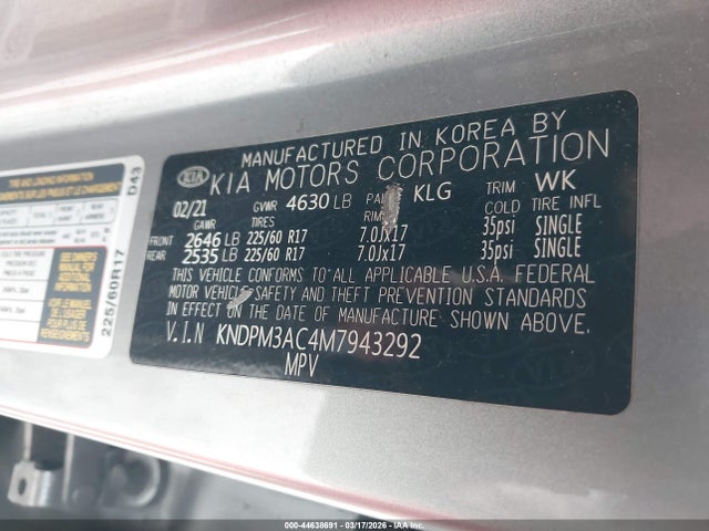 Продаж на аукціоні авто 2021 Kia Sportage Lx, vin: KNDPM3AC4M7943292, номер лоту: 44638691