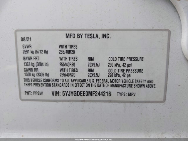 2021 TESLA MODEL Y 5YJYGDEE0MF244216 Photo 8