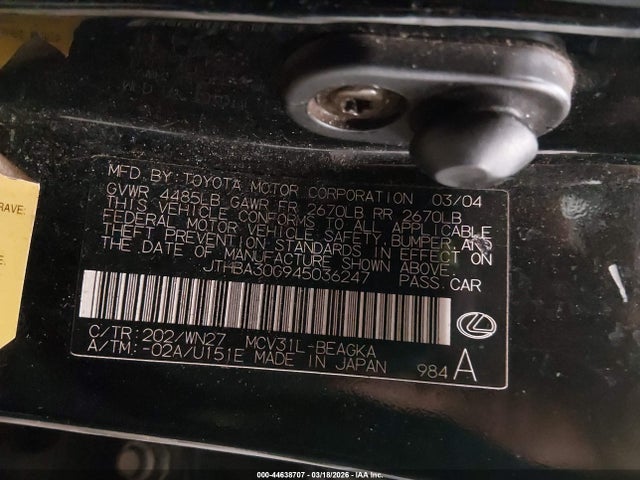 44638707 :رقم المزاد ، JTHBA30G945036247 vin ، 2004 Lexus Es 330 مزاد بيع