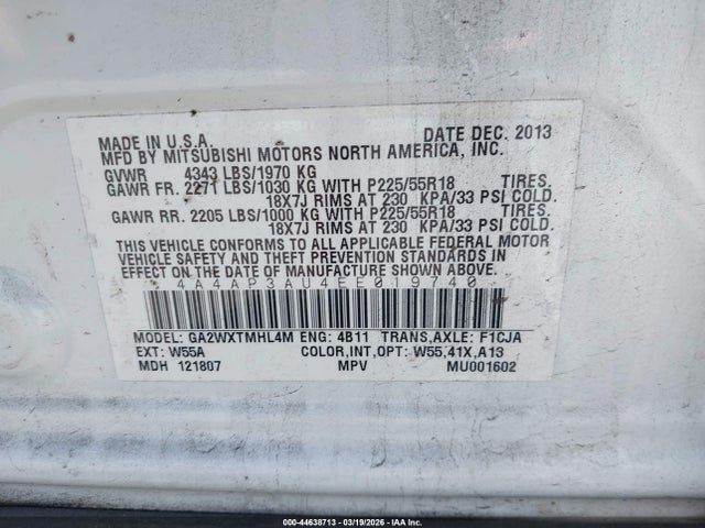 2014 Mitsubishi Outlander Sport Es მანქანა იყიდება აუქციონზე, vin: 4A4AP3AU4EE019740, აუქციონის ნომერი: 44638713