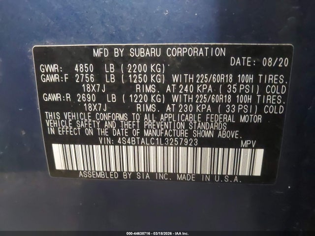 Продаж на аукціоні авто 2020 Subaru Outback Limited, vin: 4S4BTALC1L3257923, номер лоту: 44638716