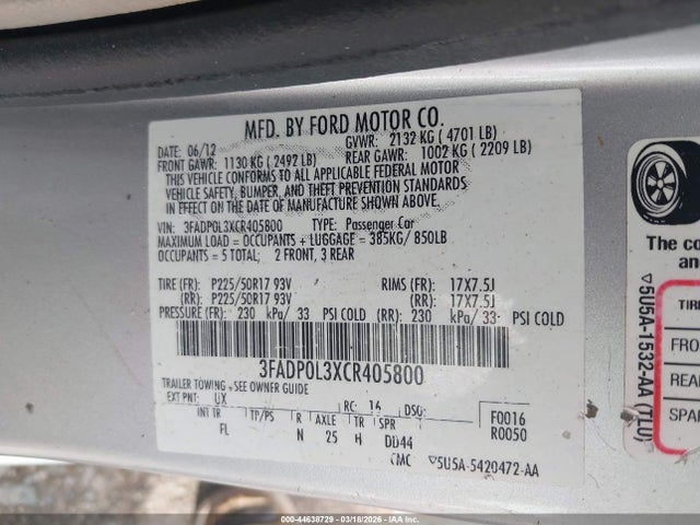 Продаж на аукціоні авто 2012 Ford Fusion Hybrid, vin: 3FADP0L3XCR405800, номер лоту: 44638729