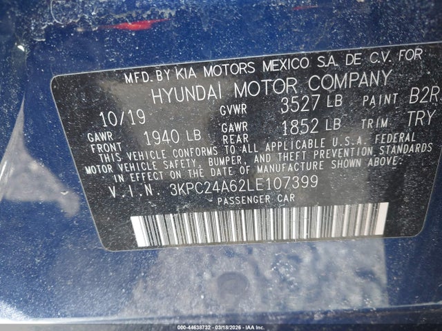 Aukcja sprzedaży 2020 Hyundai Accent Sel, vin: 3KPC24A62LE107399, numer aukcji: 44638732