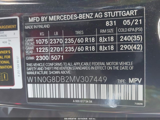 Aukcja sprzedaży 2021 Mercedes-benz Glc 300 Suv, vin: W1N0G8DB2MV307449, numer aukcji: 44638746