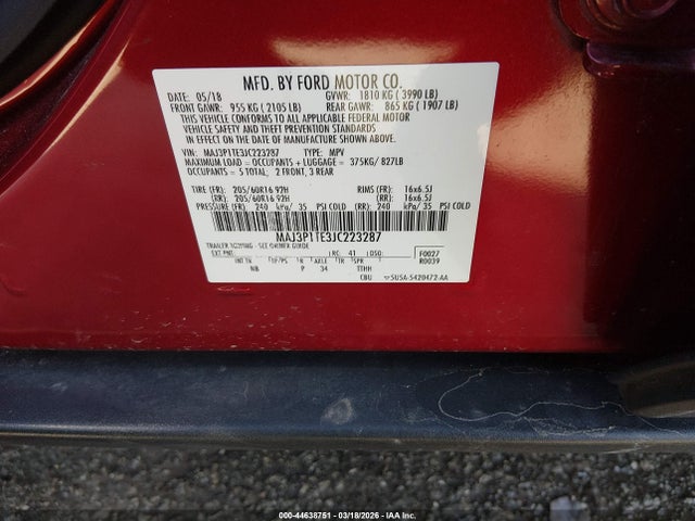 Aukcja sprzedaży 2018 Ford Ecosport Se, vin: MAJ3P1TE3JC223287, numer aukcji: 44638751