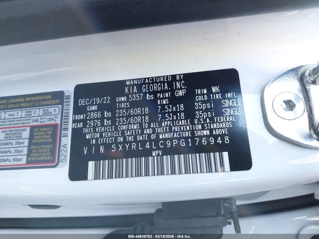2023 Kia Sorento S მანქანა იყიდება აუქციონზე, vin: 5XYRL4LC9PG176948, აუქციონის ნომერი: 44638762