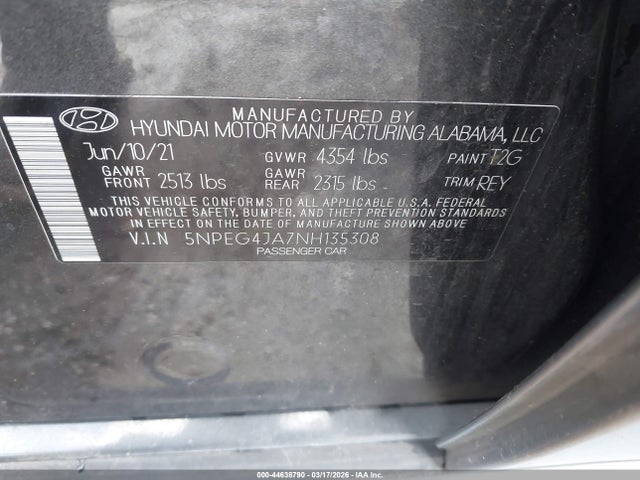 44638790 :رقم المزاد ، 5NPEG4JA7NH135308 vin ، 2022 Hyundai Sonata Se مزاد بيع