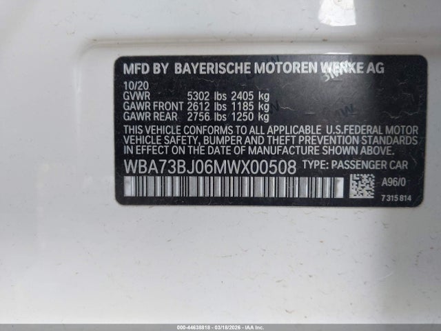 2021 Bmw 540i Xdrive მანქანა იყიდება აუქციონზე, vin: WBA73BJ06MWX00508, აუქციონის ნომერი: 44638818