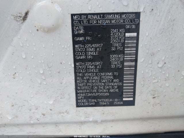 44638822 :رقم المزاد ، KNMAT2MV8JP581589 vin ، 2018 Nissan Rogue Sv مزاد بيع