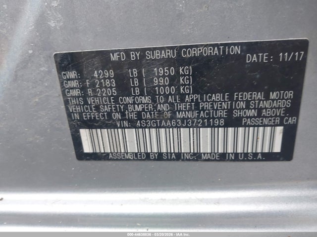 2018 Subaru Impreza 2.0i მანქანა იყიდება აუქციონზე, vin: 4S3GTAA63J3721198, აუქციონის ნომერი: 44638836