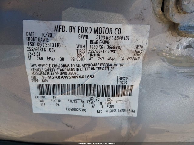 2021 Ford Police Interceptor Utility მანქანა იყიდება აუქციონზე, vin: 1FM5K8AW5MNA01683, აუქციონის ნომერი: 44638843