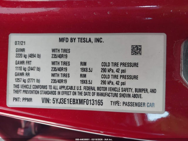Продажа на аукционе авто 2021 Tesla Model 3 Long Range Dual Motor All-wheel Drive, vin: 5YJ3E1EBXMF013165, номер лота: 44638851