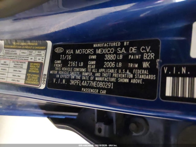 44638859 :رقم المزاد ، 3KPFL4A77HE080291 vin ، 2017 Kia Forte Lx مزاد بيع