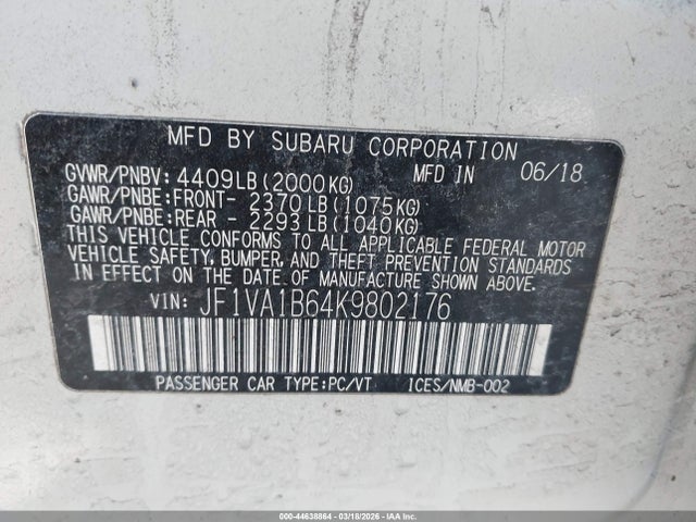 Aukcja sprzedaży 2019 Subaru Wrx Premium, vin: JF1VA1B64K9802176, numer aukcji: 44638864