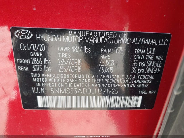 Продажа на аукционе авто 2020 Hyundai Santa Fe Limited, vin: 5NMS53AD0LH291925, номер лота: 44638874
