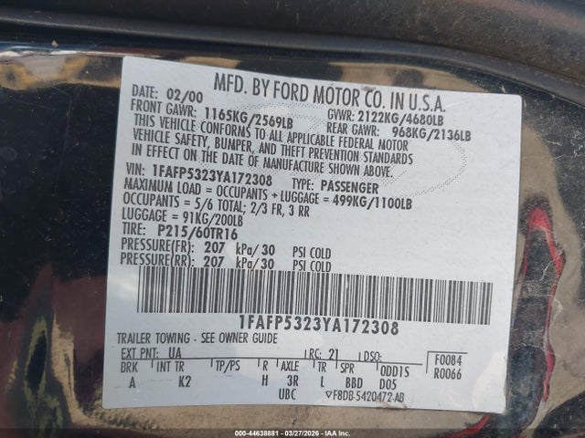 44638881 :رقم المزاد ، 1FAFP5323YA172308 vin ، 2000 Ford Taurus Se مزاد بيع