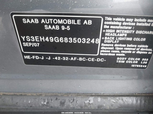 Продаж на аукціоні авто 2008 Saab 9-5 Aero, vin: YS3EH49G683503248, номер лоту: 44638896