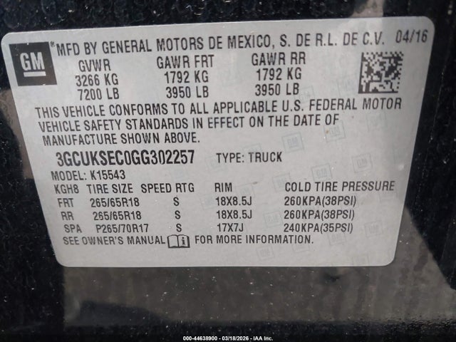 Продаж на аукціоні авто 2016 Chevrolet Silverado 1500 2lz, vin: 3GCUKSEC0GG302257, номер лоту: 44638900