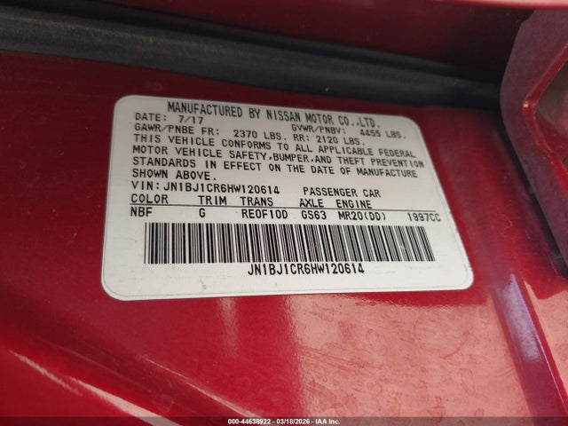 2017 Nissan Rogue Sport S მანქანა იყიდება აუქციონზე, vin: JN1BJ1CR6HW120614, აუქციონის ნომერი: 44638922