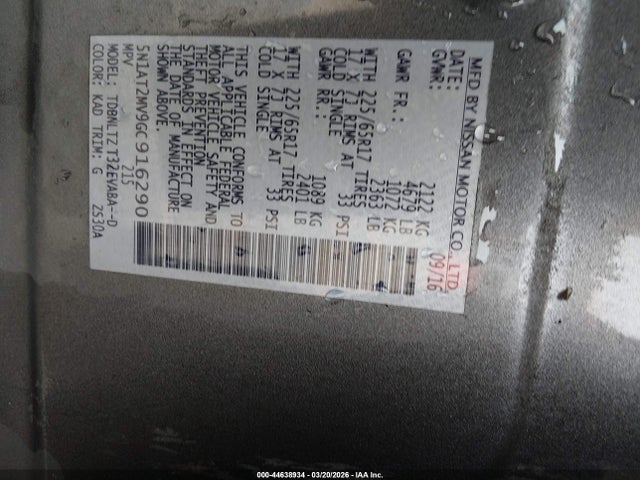 44638934 :رقم المزاد ، 5N1AT2MV9GC916290 vin ، 2016 Nissan Rogue Sv مزاد بيع
