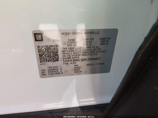 44638940 :رقم المزاد ، 1GKKNWLS2KZ294837 vin ، 2019 Gmc Acadia Slt-2 مزاد بيع
