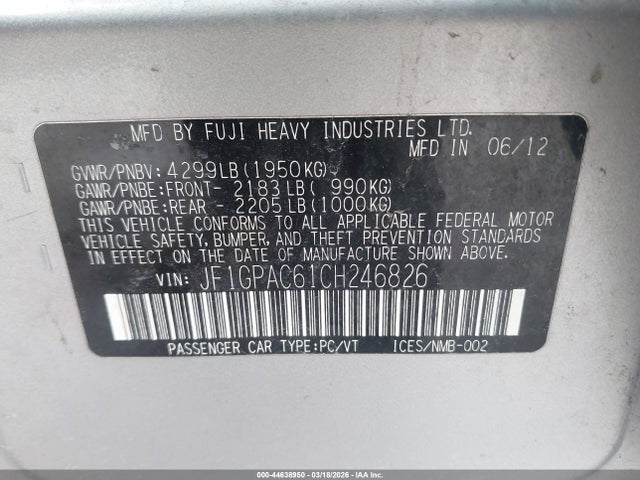Продажа на аукционе авто 2012 Subaru Impreza 2.0i Premium, vin: JF1GPAC61CH246826, номер лота: 44638950
