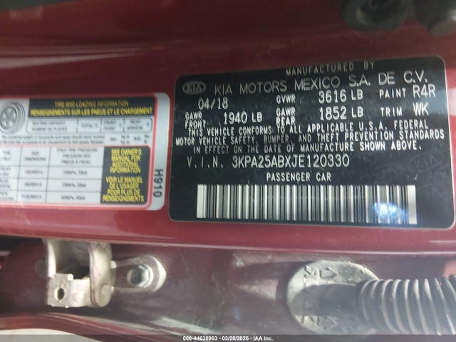 3KPA25ABXJE120330 KIA RIO S