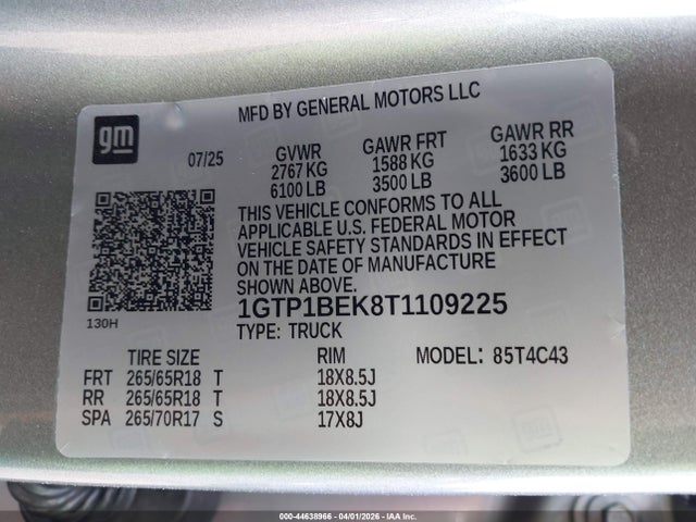 44638966 :رقم المزاد ، 1GTP1BEK8T1109225 vin ، 2026 Gmc Canyon Elevation, Rwd مزاد بيع