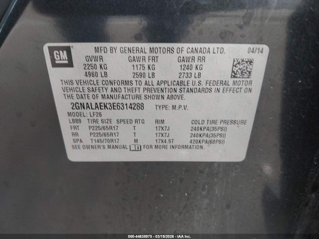 44638975 :رقم المزاد ، 2GNALAEK3E6314288 vin ، 2014 Chevrolet Equinox Ls مزاد بيع